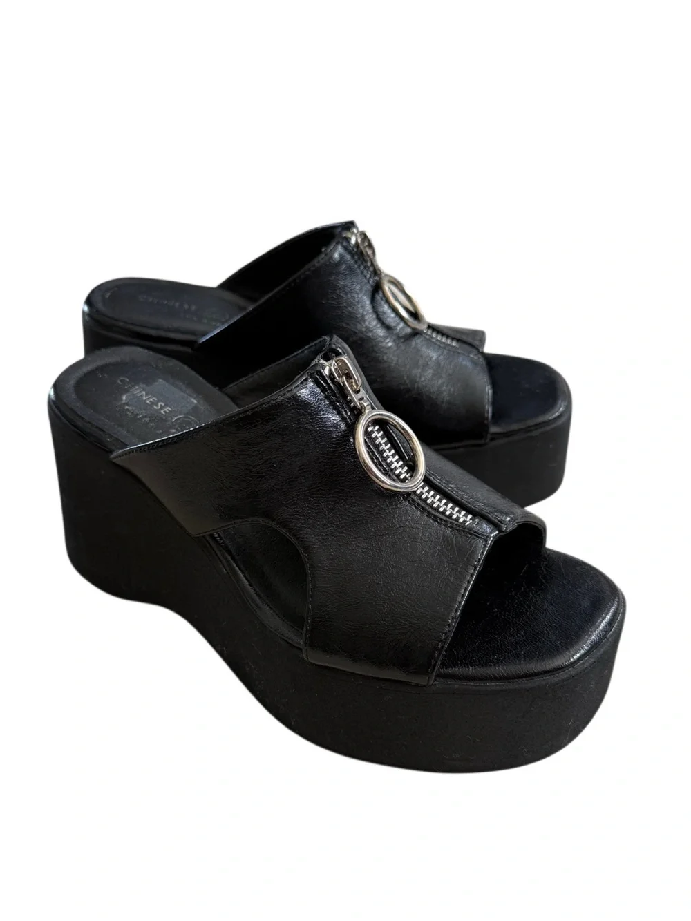 Y2K Chinese Laundry Black Platform Slide Wedges with Front Zip Accent Size 6